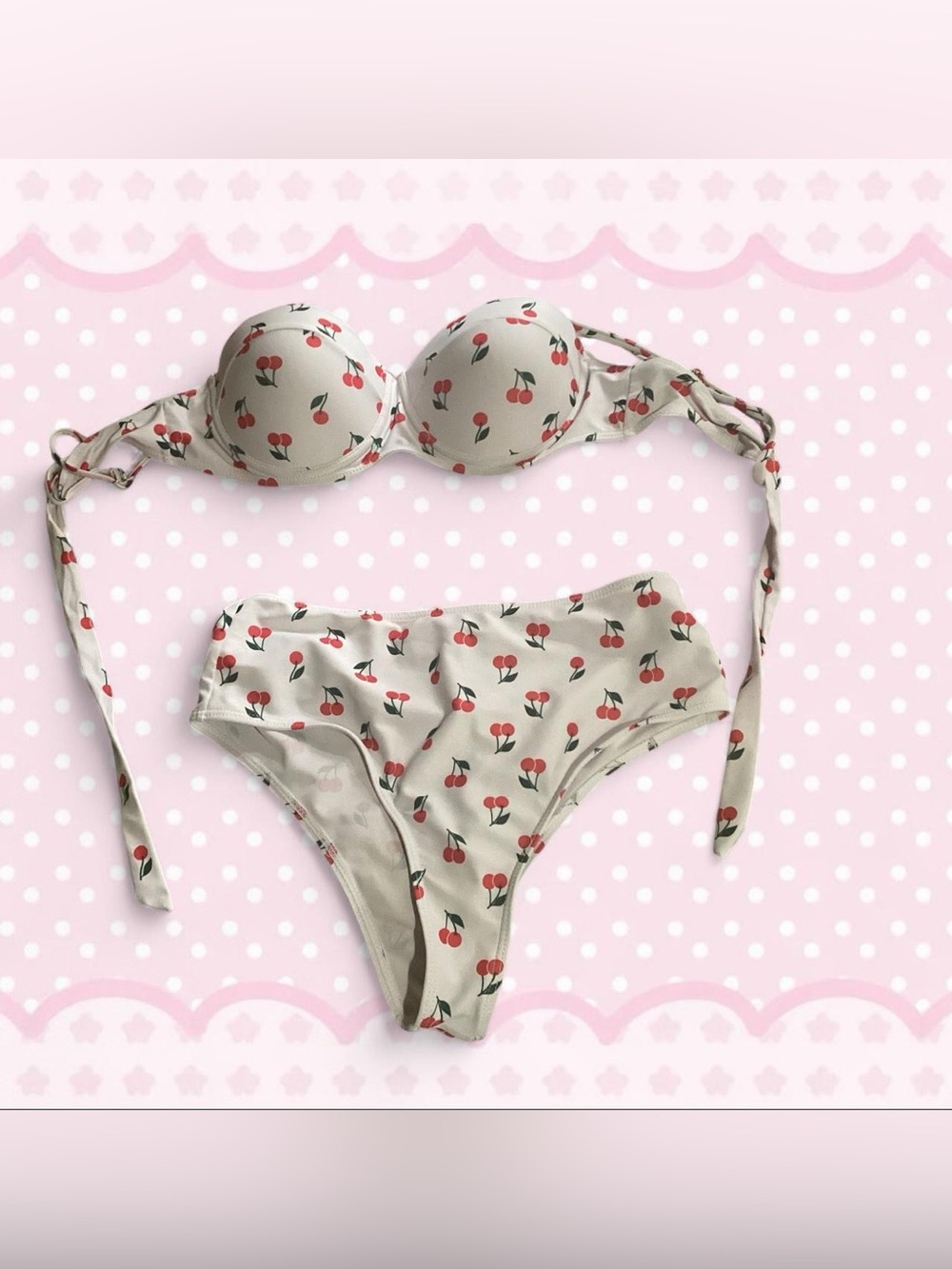 SHEIN Cream Cherry Print Bikini Set